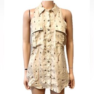Anthro💯Silk Mirrored Hearts Sleeveless Tan Button-Up Shirt w/pockets Womens 2
